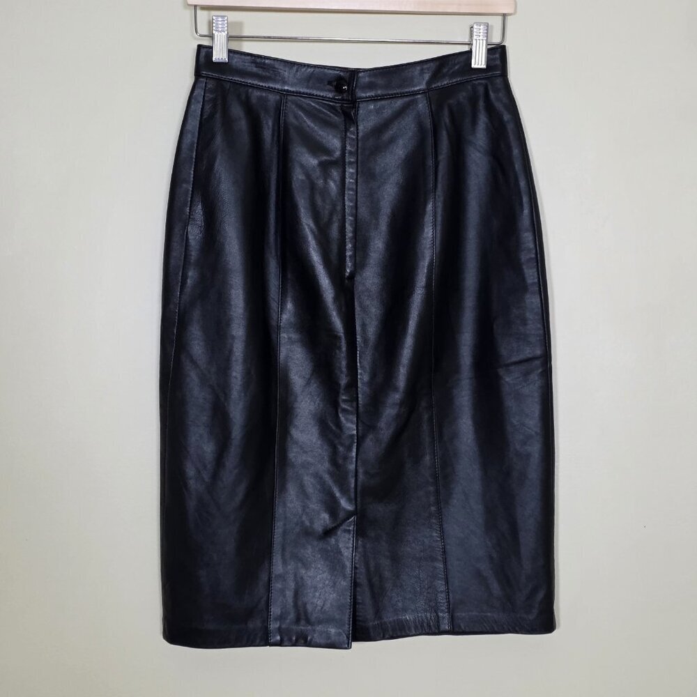 Liz Harbosin Black Leather Skirt 12 VTG Midi Lined Back Zip Slit Canada Bossy - Picture 2 of 16